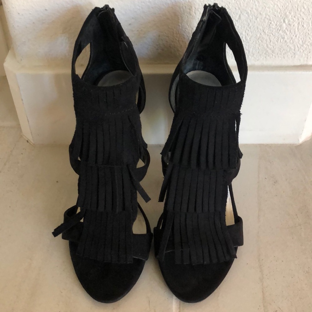 Black Suede Stiletto Fringe-Style Heels size 6.5